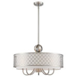 Livex Lighting - Livex Lighting Arabesque Light Pendant Chandelier, Brushed Nickel - Our Arabesque five light pendant with down light will add refined style and a hint of mystery to your decor. The off-white fabric hardback shade creates a warm illumination, while the light brings to life the intricate brushed nickel cutout pattern.
