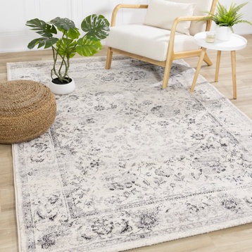 Sutton Collection Cream Gray Distressed Floral Traditional Rug, 5'3"x7'7"