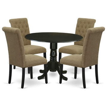 5 Piece Dining Set, Black Pedestal Table and Light Sable Chairs With Tufted Back