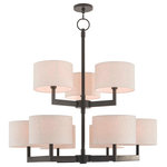 Livex Lighting - Livex Lighting Hayworth Bronze Light Foyer Chandelier - Raise the style bar with a designer foyer chandelier in a handsome and versatile contemporary manner. This nine light foyer chandelier comes in a bronze finish with round oatmeal fabric hardback shade.
