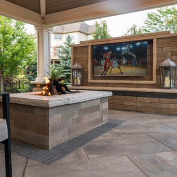 Lineo Dimensional Stone for a Fire Pit and TV space.