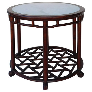 Chinese Oriental Brown Round Marble Stone Top Pedestal Table