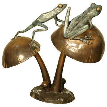 Two Frogs Balancing On Mushrooms Bronze Sculpture