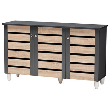 Shania Contemporary Two-Tone Oak and Dark Gray 3-Door Shoe Storage Cabinet