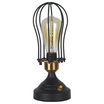 Roseland Industrial Cage Table Lamp, Black With Burnished Brass Accents