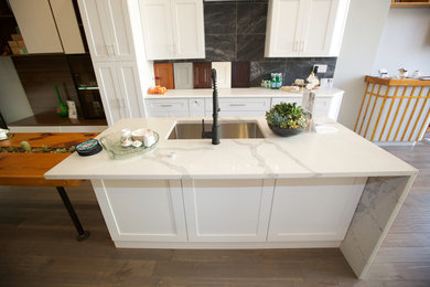 Trendy galley dark wood floor kitchen photo in New York with white cabinets, quartz countertops and an island