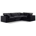 Meridian Furniture - Comfy Upholstered L-Shaped Modular Sectional, Black, 4-Piece: 1 Armless Chair, 3 Corner Chair, Velvet - Give your space a whole new look with this black Comfy velvet sectional. This handsome sectional fits nicely with other items in the Comfy collection and is a versatile seating option designed for adaptability, comfort and style. Wrapped in rich black durable velvet upholstery, this sectional offers a plush embrace of overstuffed down feather cushions, carefully crafted to deliver the highest level of comfort. The perfect seat for creating an oasis for relaxation, this sectional has thick foam surrounding its frame for added support and coziness.