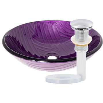 Viola Hand Painted Purple Glass Bathroom Vessel Sink with Drain, Chrome