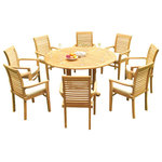 Teak Deals - 9-Piece Outdoor Teak Dining Set: 60" Round Table, 8 Mas Stacking Arm Chairs - Set includes: 60" Round Dining Table and 8 Stacking Arm Chairs.
