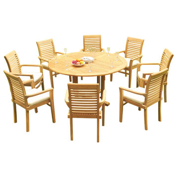 9-Piece Outdoor Teak Dining Set: 60" Round Table, 8 Mas Stacking Arm Chairs