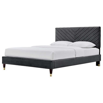 Platform Bed Frame, Queen Size, Charcoal Gray, Velvet, Modern, Guest Suite