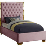 Meridian Furniture - Lana Velvet Bed, Pink, Twin - Make the Lana pink velvet bed part of your dream bedroom setup. This bed has all of the bells and whistles you want, including a super tall headboard that stands nearly five-feet tall. The bed is covered in pink velvet fabric for a luxe look, and it's deeply tufted for added luxuriousness. The headboard is soft and welcoming against your back and head as you read or watch TV in bed, and the bed rests on gold legs for dependable sturdiness and durability. Use it without a box spring or foundation, since the slats are included.
