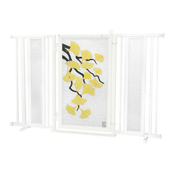 Fusion Gates - Fusion Gate with Autumn Ginkgo Design, White Pearl, 60"-65" - Dog Gates