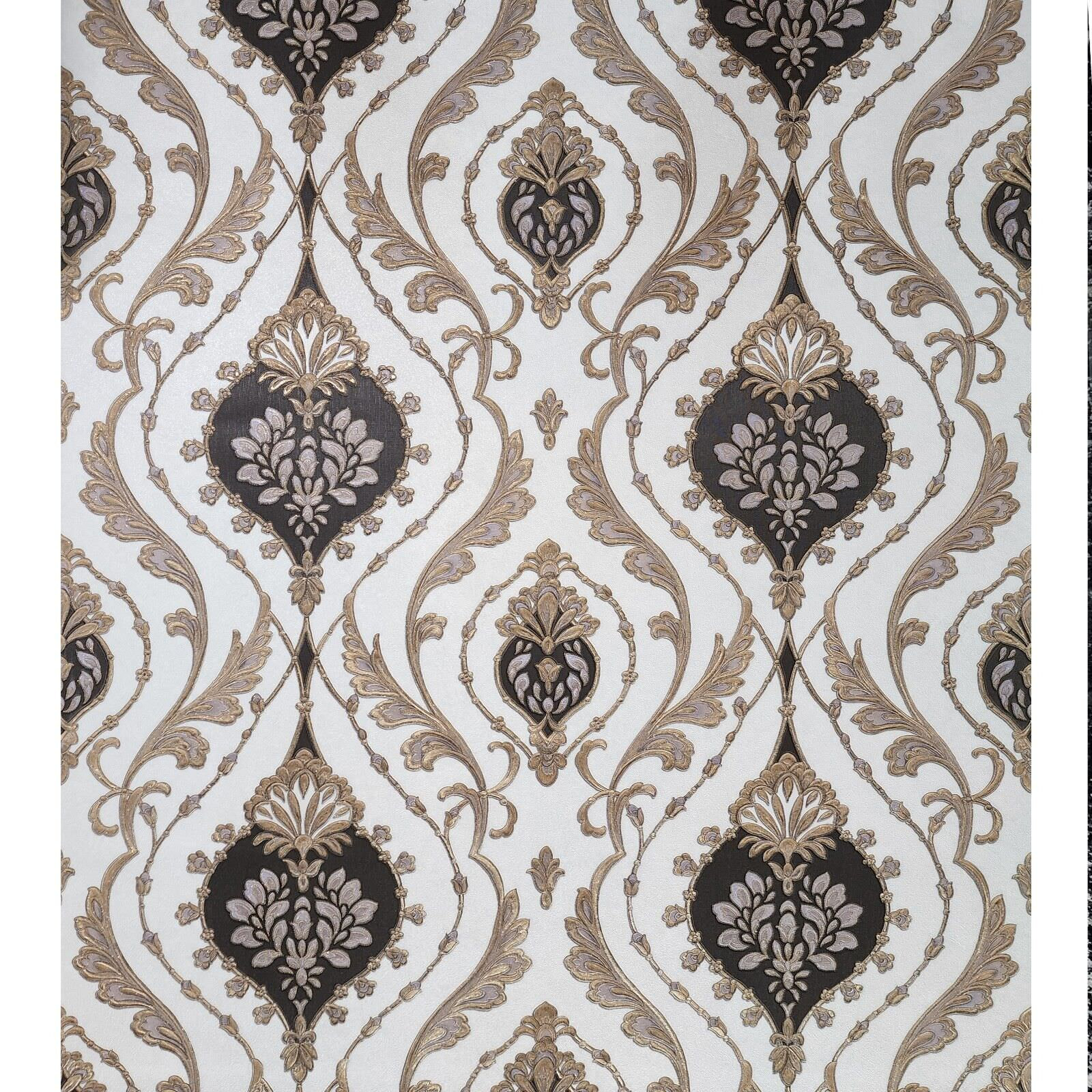 Vinyl Victorian white purple gray gold metallic ogee damask textured ...