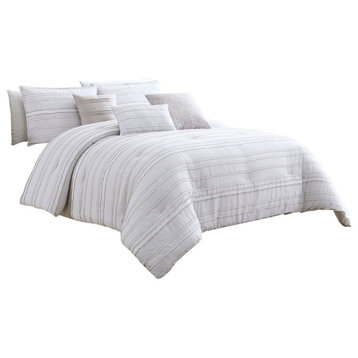 Benzara BM227300 6 Piece King Cotton Frayed Edges Comforter Set, White & Gray