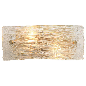 Elegant Clear Ripple Glass Rectangle Wall Sconce 12 in Curved Brass Gold Modern