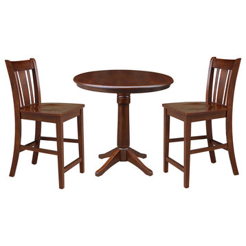 36" Round Pedestal Gathering Height Table With 2 Counter Height Stools, Espresso