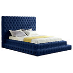 Meridian Furniture - Revel Velvet Upholstered Bed, Navy, Queen - Feel like royalty when you lie down in this Revel velvet bed. This queen-size bed features soft navy velvet that covers every square inch, leaving behind a silky trail of beauty. The true star of the show is the deep button tufted design and extra-tall headboard, both of which serve to make this a bed fit for a queen (or king). A staggered, layered design adds to the bed's dramatic look in your room.