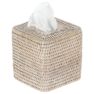 La Jolla Rattan Square Tissue Box Cover, White-Wash