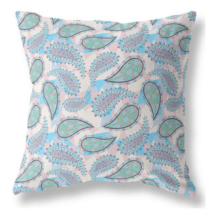 28 Blue Green Boho Paisley Indoor Outdoor Throw Pillow