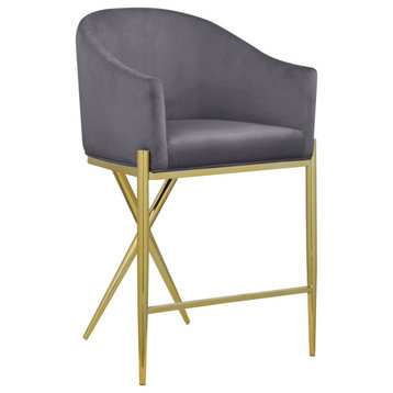 Xavier Velvet Upholstered Counter Height Stool, Gray, Gold Finish