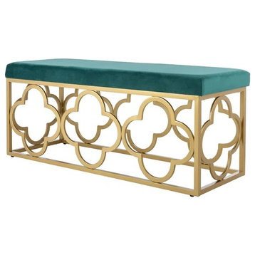 Contemporary Accent Bench, Quatrefoil Golden Base & Padded Velvet Seat, Emerald