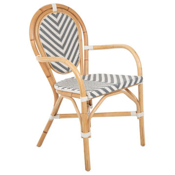 Rattan Bistro Dining Chair Chevron, White and Gray, Set of 2 Pieces, Arm Chair