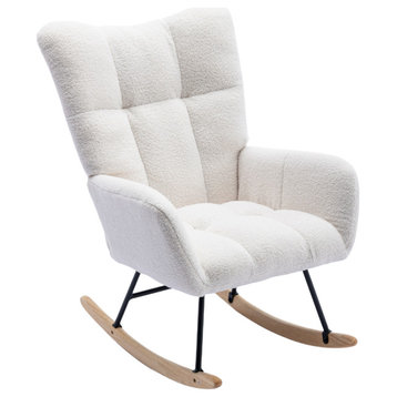 TATEUS Solid Wood Plush Velvet Nursery Rocking Chair for Living Room, White
