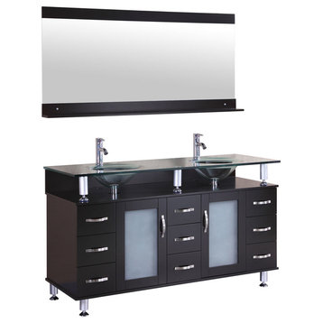 LessCare Vanity Cabinet LV1-60B With Double Sink Glass Top and Mirror