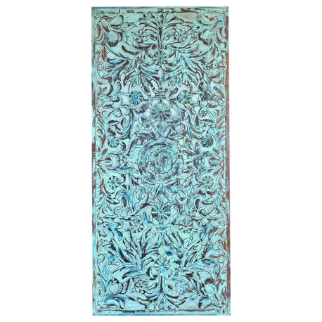 Consigned Vintage Carved Door Blue Lotus Wood Farmhouse Sliding Barndoor