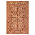 Bareens Designer Rugs - Boho Chic Ziegler Carlyn Gold Rust Hand-Knotted Wool Rug - 6'3'' x 9'0'' - Enhance the ambiance of your home with this magnificent Persian-influenced Turkish hand-knotted rug made by skilled artisans capable of creating the most exceptional vegetable dyes and hand-spun wool. This exquisite handmade rug is a one-of-a-kind Peshawar Kafkaz, otherwise identified as Chobi, Chobi Peshawar, Oushak, or Ziegler rug. These handmade rugs are crafted in Pakistan utilizing superior-quality wool imported from Australia, New Zealand, and Korea in two types of weaves: the Persian weave and the Mori weave. This rug is meticulously crafted by hand using the finest natural vegetable dyes extracted from local plants. The artisans use a blend of hand-spun local and fine merino wool, resulting in a rug with a compelling texture, higher lanolin content, and longer staple. The artisans occasionally incorporate natural or artificial silk into the pile to enhance specific motifs. The finished product is an awe-inspiring execution of flawless design and an understated palette that exudes elegance.