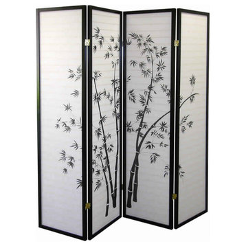 Benzara BM96095 Wood and Paper 4 Panel Room Divider Bamboo Print, White & Black