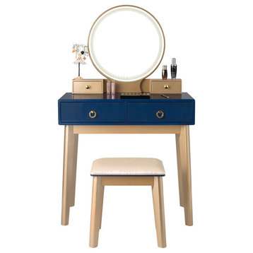 Modern Vanity Set, Round Mirror & 3 Adjustable Colors LED Light, Navy Blue/Gold