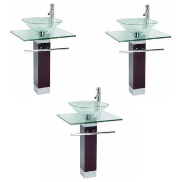 Tempered Glass Pedestal Sink Chrome Faucet Towel Bar and Drain Combo Set of 3