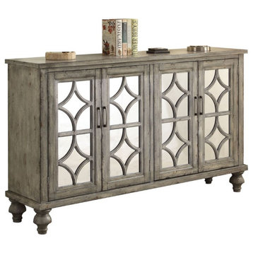 Bowery Hill Console Table with 4 Mirrored Glass Doors in Weathered Gray