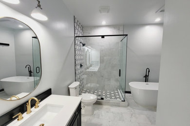 Bathroom - large contemporary master marble floor, white floor and double-sink bathroom idea in New Orleans with shaker cabinets, black cabinets, white walls, quartzite countertops, a hinged shower door, white countertops and a freestanding vanity