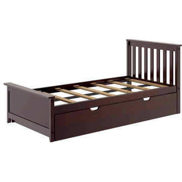 Twin Platform Bed, Slatted Headboard and Panel Footboard With Trundle, Espresso