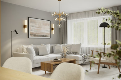 Modelo de sala de estar abierta contemporánea grande con paredes grises, suelo de baldosas de cerámica, chimeneas suspendidas, marco de chimenea de madera, televisor colgado en la pared y suelo beige