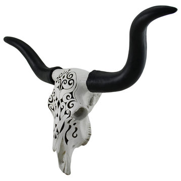 Longhorn and Lace Black & White Filigree Design Hanging Steer Skull Statue