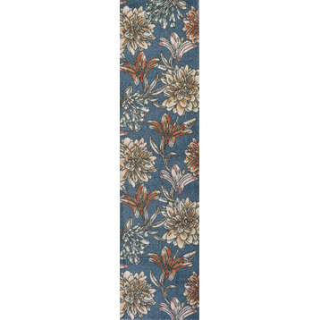 Giglio Modern Botanical Flower Area Rug, Blue/Orange/Cream, 2 X 8
