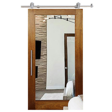 Mirrored Solid Oak Sliding Barn Door, 40"x84", Double-Sided Mirror, Left