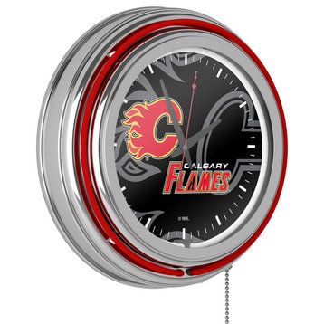 NHL Chrome Double Rung Neon Clock, Watermark, Calgary Flames