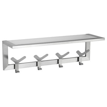 Milton Contemporary Stainless Steel Coat and Hat Hook Rail/Rack with Glass Shelf