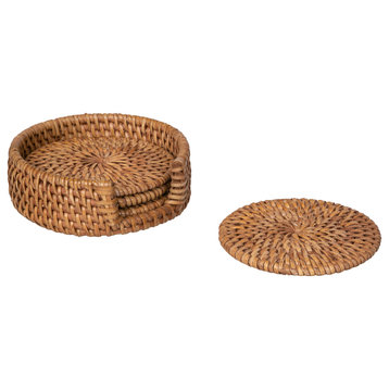 Loma Round Rattan Coasters With Holder, Set of 4 Coasters, Honey Brown