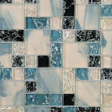 11.75"x11.75" Mirin Glass Mosaic Tile Sheet, Crushed Ink, Blue, White and Black