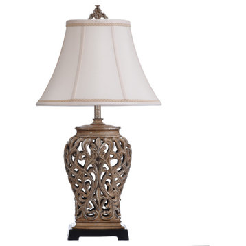 Traditional Table Lamp Open Lace Scroll, Savoy Silver Textile Shade