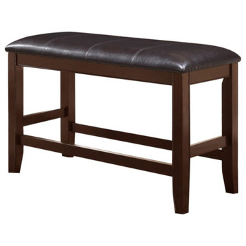 Wooden Counter Height Bench With Leatherette Seat, Brown And Black