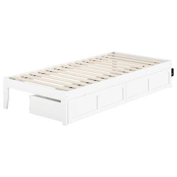 XL Twin Size Platform Bed, USB Ports and Extra Long Storage Drawers, White