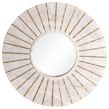 Round Whitewashed Wood Mirror with Gold Finish Inlay