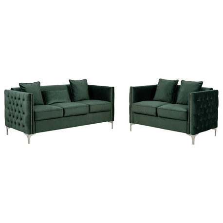 Bayberry Velvet Sofa Loveseat Living Room Set, Green